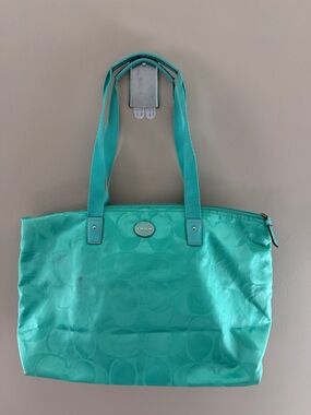 Coach Teal Signature Nylon Tote With Detachable Interior Snap Pocket